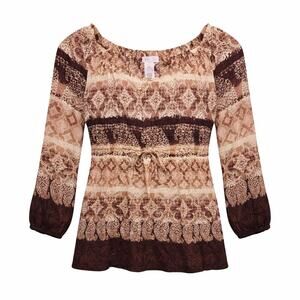 LizWear Top Womens Size Medium Brown Paisley Print Long Sleeve Bohemian Earthy